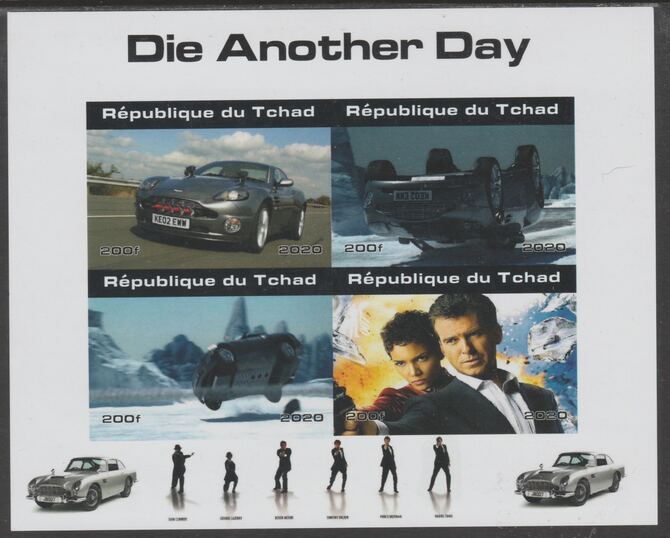 Chad 2020 James Bond - Die Another Day imperf sheetlet containing 4 values unmounted mint. Note this item is privately produced and is offered purely on its thematic appeal, stamps on , stamps on  stamps on movies, stamps on  stamps on films, stamps on  stamps on cinena.james bond, stamps on  stamps on  spy , stamps on  stamps on cars