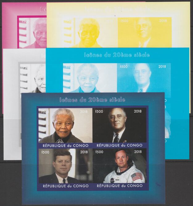 Congo 2018 Icons of 20th Century - J F Kennedy, Mandela, Neil Armstrong & F D Roosevelt - imperf set of 5 progressive sheets comprising the 4 individual colours and completed design unmounted mint. Note this item is privately produced and is offered purely on its thematic appeal, stamps on , stamps on stamps on kennedy, stamps on stamps on usa presidents, stamps on stamps on americana, stamps on stamps on armstrong, stamps on stamps on mandela, stamps on stamps on roosevelt