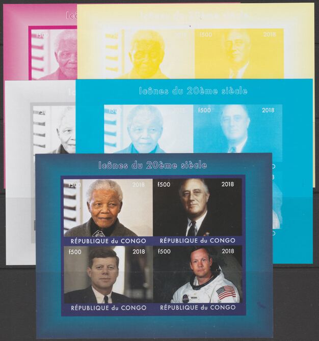 Congo 2018 Icons of 20th Century - J F Kennedy, Mandela, Neil Armstrong & F D Roosevelt - imperf set of 5 progressive sheets comprising the 4 individual colours and completed design unmounted mint. Note this item is privately produced and is offered purely on its thematic appeal, stamps on , stamps on  stamps on kennedy, stamps on  stamps on usa presidents, stamps on  stamps on americana, stamps on  stamps on armstrong, stamps on  stamps on mandela, stamps on  stamps on roosevelt