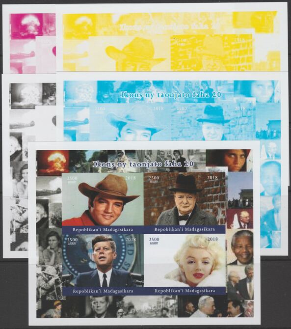 Madagascar 2018 Icons of 20th Century - J F Kennedy, Elvis, Churchill & Marilyn Munroe - imperf set of 5 progressive sheets comprising the 4 individual colours and completed design unmounted mint. Note this item is privately produced and is offered purely on its thematic appeal, stamps on , stamps on stamps on kennedy, stamps on stamps on usa presidents, stamps on stamps on americana, stamps on stamps on elvis, stamps on stamps on churchill, stamps on stamps on marilyn