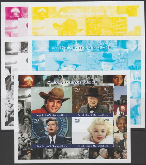 Madagascar 2018 Icons of 20th Century - J F Kennedy, Elvis, Churchill & Marilyn Munroe - imperf set of 5 progressive sheets comprising the 4 individual colours and completed design unmounted mint. Note this item is privately produced and is offered purely on its thematic appeal, stamps on , stamps on  stamps on kennedy, stamps on  stamps on usa presidents, stamps on  stamps on americana, stamps on  stamps on elvis, stamps on  stamps on churchill, stamps on  stamps on marilyn