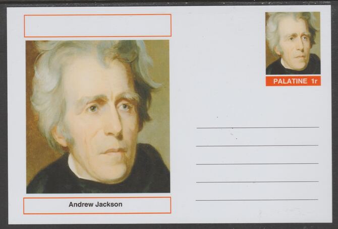 Palatine (Fantasy) Personalities - Andrew Jackson (7th USA President) postal stationery card unused and fine, stamps on personalities, stamps on constitutions, stamps on usa presidents, stamps on americana, stamps on jackson