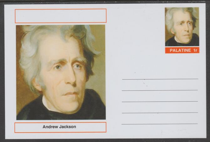 Palatine (Fantasy) Personalities - Andrew Jackson (7th USA President) postal stationery card unused and fine, stamps on , stamps on  stamps on personalities, stamps on  stamps on constitutions, stamps on  stamps on usa presidents, stamps on  stamps on americana, stamps on  stamps on jackson