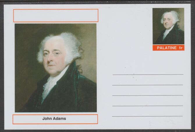 Palatine (Fantasy) Personalities - John Adams (2nd USA President) postal stationery card unused and fine, stamps on , stamps on  stamps on personalities, stamps on  stamps on constitutions, stamps on  stamps on usa presidents, stamps on  stamps on americana, stamps on  stamps on adams