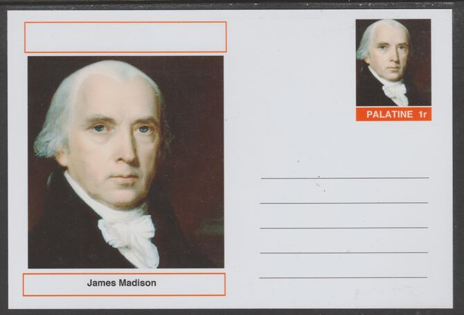 Palatine (Fantasy) Personalities - James Madison (4th USA President) postal stationery card unused and fine, stamps on , stamps on  stamps on personalities, stamps on  stamps on constitutions, stamps on  stamps on usa presidents, stamps on  stamps on americana, stamps on  stamps on madison