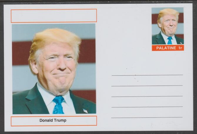 Palatine (Fantasy) Personalities - Donald Trump (45th USA President) postal stationery card unused and fine, stamps on personalities, stamps on constitutions, stamps on usa presidents, stamps on americana, stamps on trump