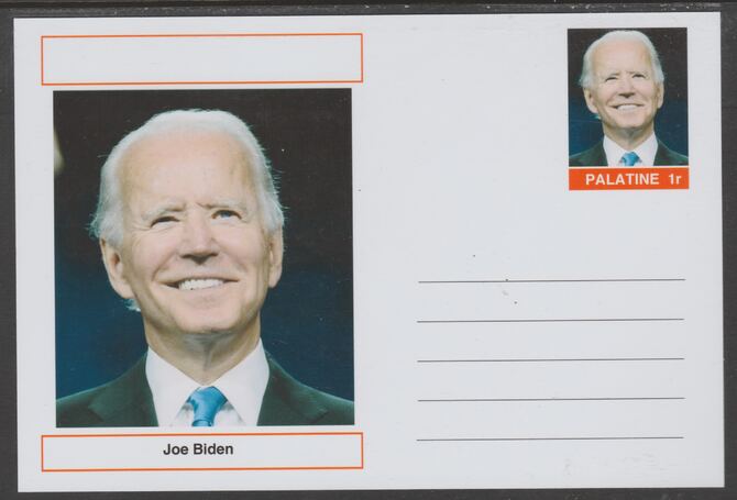 Palatine (Fantasy) Personalities - Joe Biden (46th USA President) postal stationery card unused and fine, stamps on personalities, stamps on constitutions, stamps on usa presidents, stamps on americana, stamps on biden