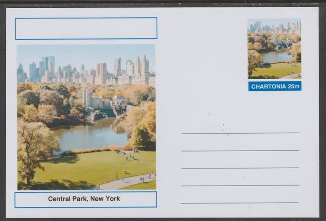 Chartonia (Fantasy) Landmarks - Central Park, New York postal stationery card unused and fine, stamps on tourism, stamps on nature