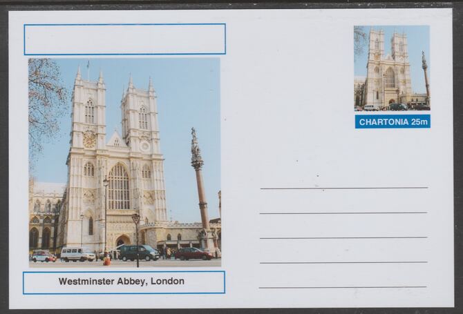 Chartonia (Fantasy) Landmarks - Westminster Abbey, London postal stationery card unused and fine, stamps on tourism, stamps on architecture, stamps on abbeys, stamps on cathedra:s