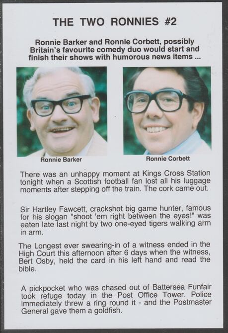 Cinderella - The Two Ronnies #02 Glossy card 150 x 100 mm showing Ronnie B & Ronnie C and 4 of their humorous news items, stamps on , stamps on  stamps on personalities, stamps on  stamps on comedy, stamps on  stamps on humour