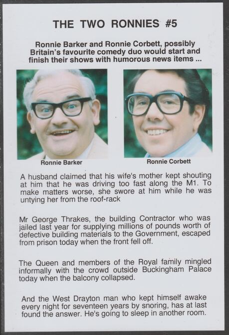 Cinderella - The Two Ronnies #05 Glossy card 150 x 100 mm showing Ronnie B & Ronnie C and 4 of their humorous news items, stamps on , stamps on  stamps on personalities, stamps on  stamps on comedy, stamps on  stamps on humour