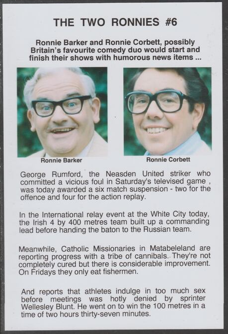 Cinderella - The Two Ronnies #06 Glossy card 150 x 100 mm showing Ronnie B & Ronnie C and 4 of their humorous news items, stamps on , stamps on  stamps on personalities, stamps on  stamps on comedy, stamps on  stamps on humour