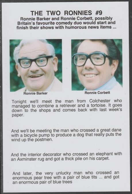 Cinderella - The Two Ronnies #09 Glossy card 150 x 100 mm showing Ronnie B & Ronnie C and 4 of their humorous news items, stamps on personalities, stamps on comedy, stamps on humour
