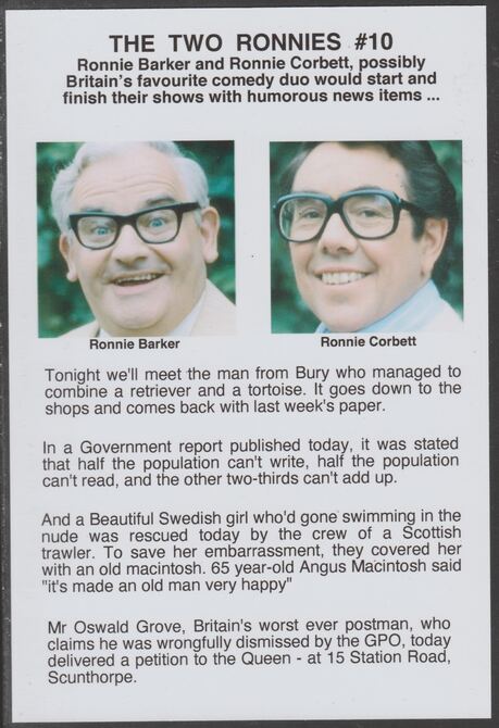 Cinderella - The Two Ronnies #10 Glossy card 150 x 100 mm showing Ronnie B & Ronnie C and 4 of their humorous news items, stamps on personalities, stamps on comedy, stamps on humour