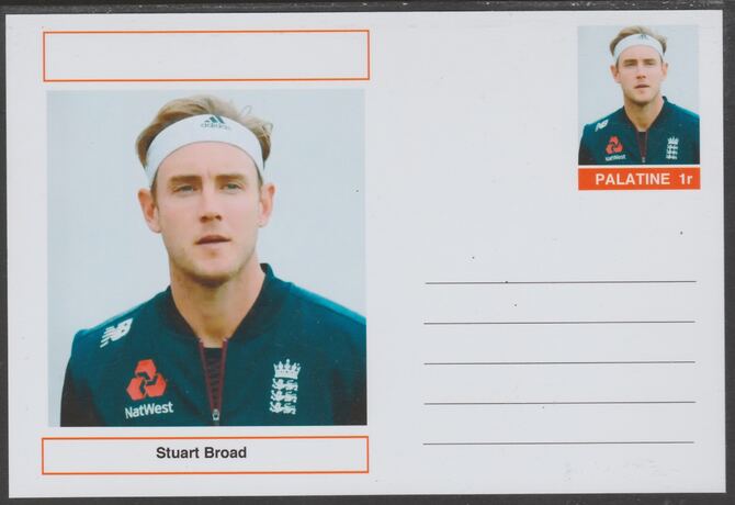 Palatine (Fantasy) Personalities - Stuart Broad (cricket) postal stationery card unused and fine, stamps on personalities, stamps on sport, stamps on cricket