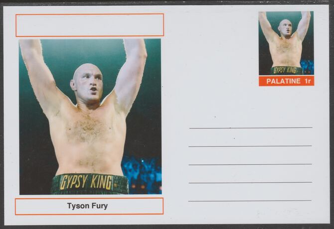 Palatine (Fantasy) Personalities - Tyson Fury (boxer) postal stationery card unused and fine, stamps on , stamps on  stamps on personalities, stamps on  stamps on sport, stamps on  stamps on boxing