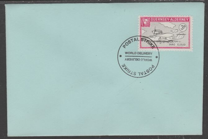 Guernsey - Alderney 1971 POSTAL STRIKE unaddressed cover bearing 3d Saro Cloud Flying Boat cancelled with World Delivery postmark, stamps on aviation, stamps on strike, stamps on flying boats, stamps on saro
