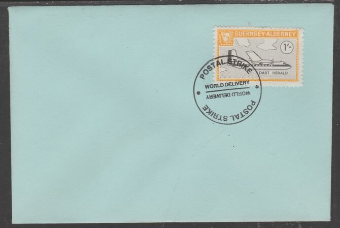 Guernsey - Alderney 1971 POSTAL STRIKE unaddressed cover bearing 1s Dart Herald cancelled with World Delivery postmark, stamps on aviation, stamps on strike, stamps on viscount