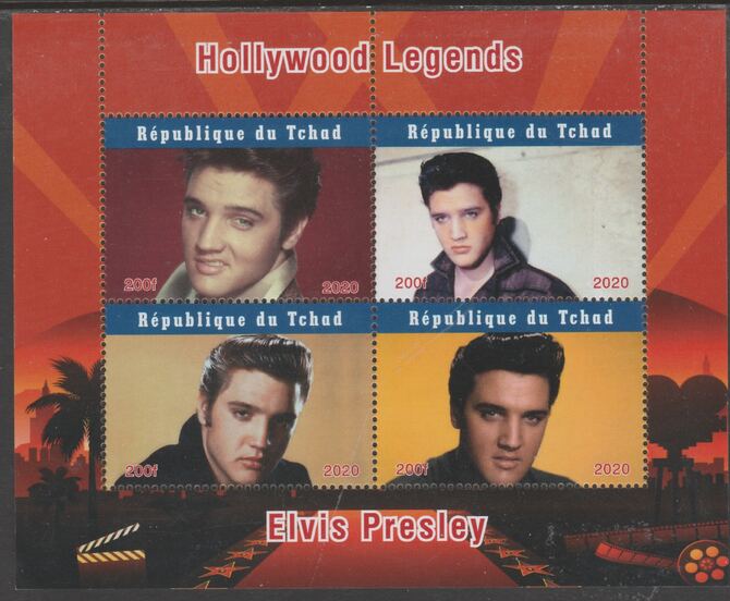 Chad 2020 Hollywood Legends - Elvis Presley perf sheetlet containing 4 values, unmounted mint, stamps on music, stamps on personalities, stamps on elvis, stamps on entertainments, stamps on films, stamps on cinema