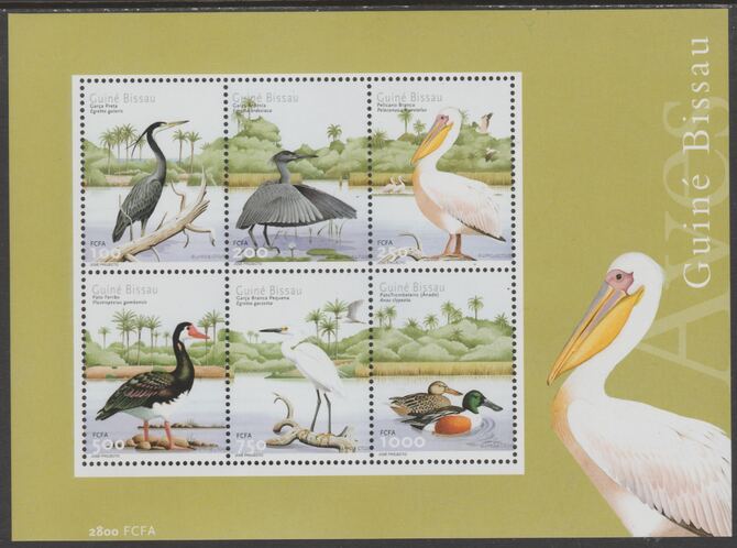 Guinea - Bissau 2001 Water Birds perf m/sheet comtaining 6 values unmounted mint, stamps on , stamps on  stamps on birds, stamps on  stamps on heron, stamps on  stamps on ducks