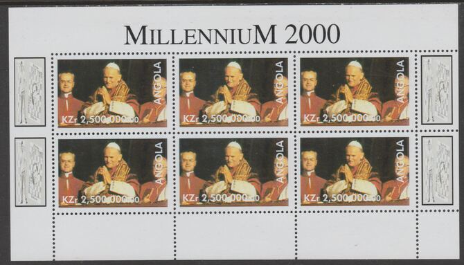 Angola 2000 Millenniym - Pope Jon Paul II perf sheetlet containing 6 values, unmounted mint, stamps on , stamps on  stamps on pope, stamps on  stamps on personalities, stamps on  stamps on 