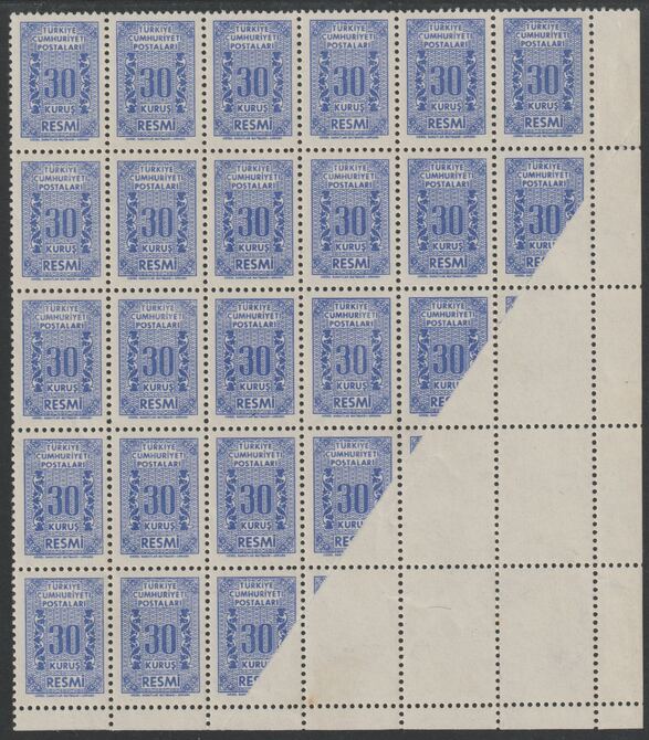 Turkey 1962 Official 30 kurus corner block of 30 with pre-printing paper fold (paper folded unded) affecting 10 stamps with 3 completely blank. A few split perfs and minor wrinkles but stamps are unmounted, stamps on , stamps on  stamps on tourism
