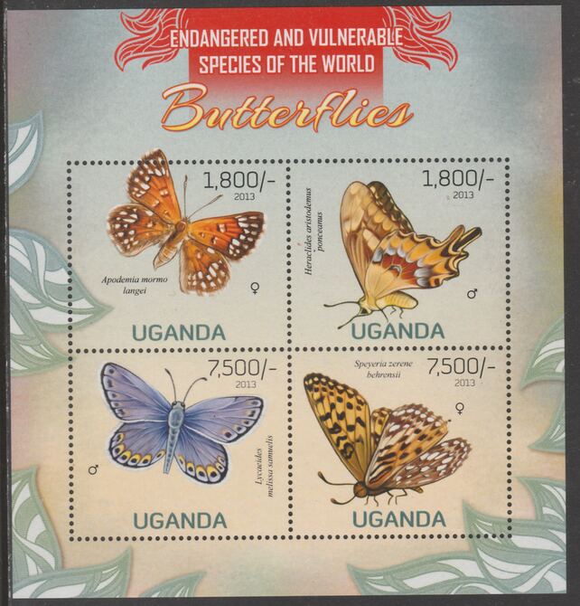 Uganda 2013 Endangered Species - Butterflies perf sheetlet containing 4 values unmounted mint., stamps on , stamps on  stamps on , stamps on  stamps on  wwf , stamps on  stamps on butterflies