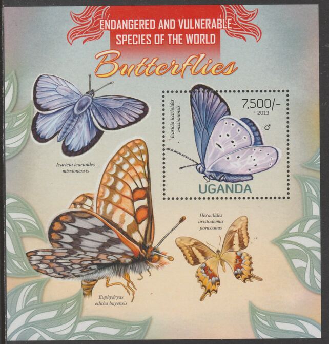 Uganda 2013 Endangered Species - Butterflies perf souvenir sheet  containing 1 value unmounted mint., stamps on , stamps on  stamps on , stamps on  stamps on  wwf , stamps on  stamps on butterflies