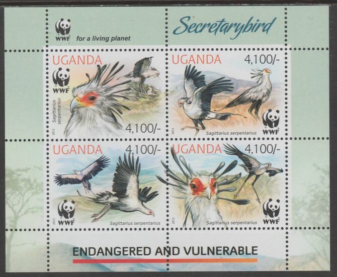 Uganda 2012 Endangered Species - Secretary Bird #1 perf sheetlet containing 4 values unmounted mint., stamps on , stamps on  stamps on , stamps on  stamps on  wwf , stamps on  stamps on birds