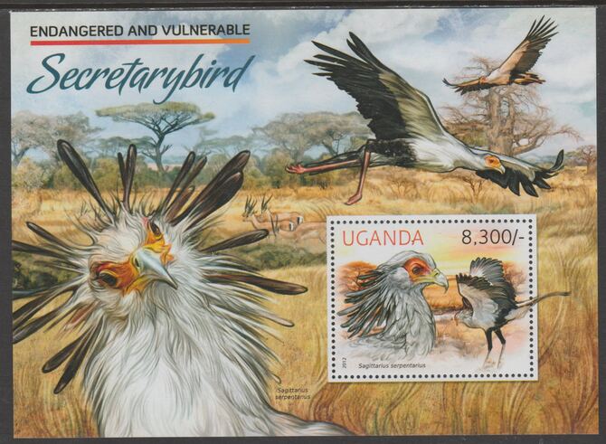 Uganda 2012 Endangered Species - Secretary Bird #1 perf souvenir sheet  containing 1 value unmounted mint., stamps on , stamps on  wwf , stamps on birds