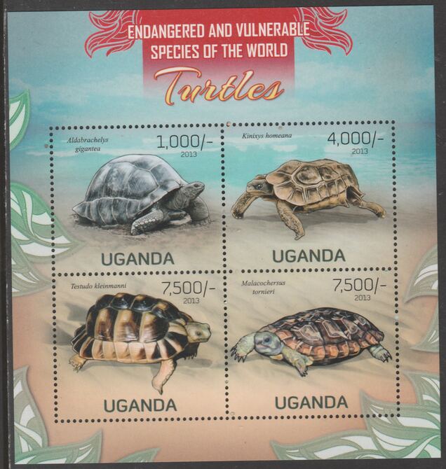 Uganda 2013 Endangered Species - Turtles perf sheetlet containing 4 values unmounted mint., stamps on , stamps on  stamps on , stamps on  stamps on  wwf , stamps on  stamps on turtles