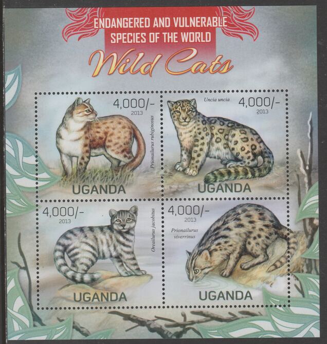 Uganda 2013 Endangered Species - Wild Cats perf sheetlet containing 4 values unmounted mint., stamps on , stamps on  wwf , stamps on cats