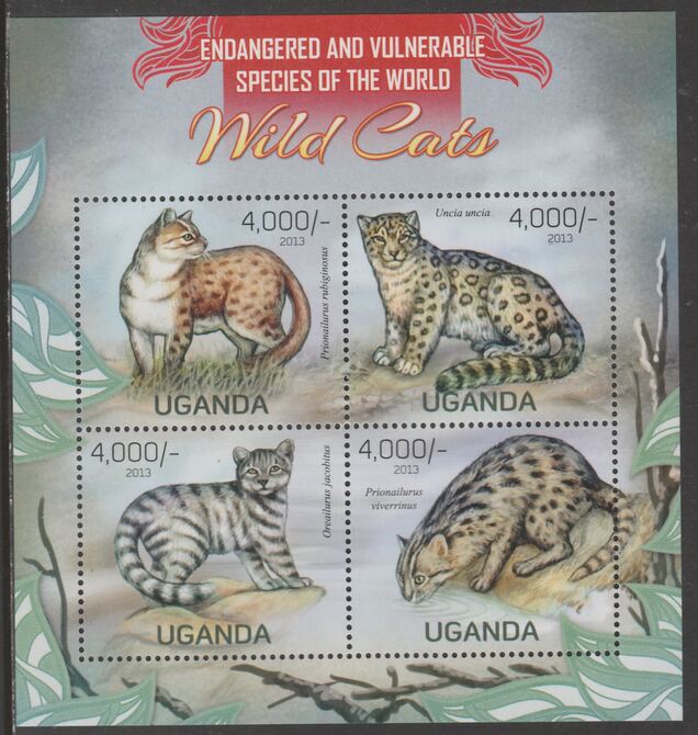 Uganda 2013 Endangered Species - Wild Cats perf sheetlet containing 4 values unmounted mint., stamps on , stamps on  stamps on , stamps on  stamps on  wwf , stamps on  stamps on cats