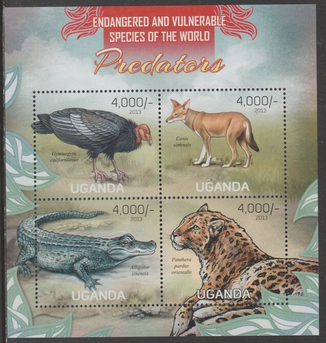 Uganda 2013 Endangered Species - Predators perf sheetlet containing 4 values unmounted mint., stamps on , stamps on  wwf , stamps on cats, stamps on alligators, stamps on birds, stamps on tigers