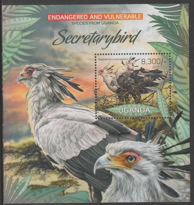Uganda 2012 Endangered Species - Secretary Bird #2 perf souvenir sheet  containing 1 value unmounted mint., stamps on , stamps on  wwf , stamps on birds