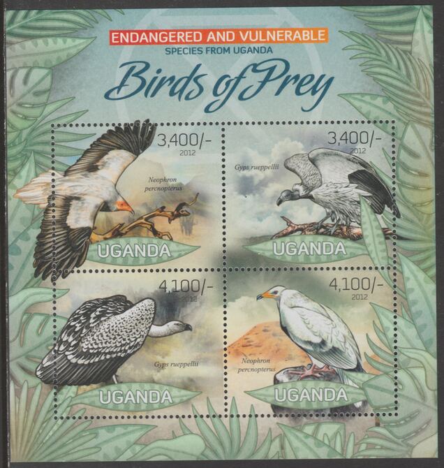 Uganda 2012 Endangered Species - Birds of Prey perf sheetlet containing 4 values unmounted mint., stamps on , stamps on  wwf , stamps on birds, stamps on birds of prey