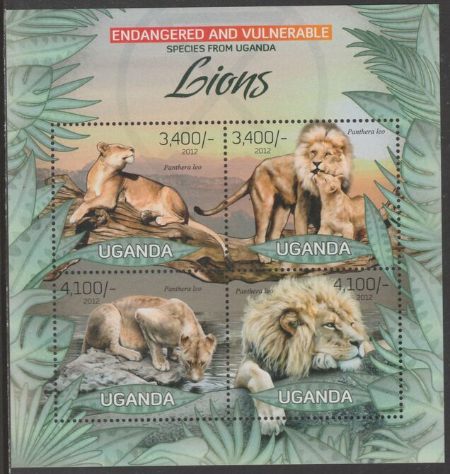 Uganda 2012 Endangered Species - Lions #1 perf sheetlet containing 4 values unmounted mint., stamps on , stamps on  wwf , stamps on cats, stamps on lions
