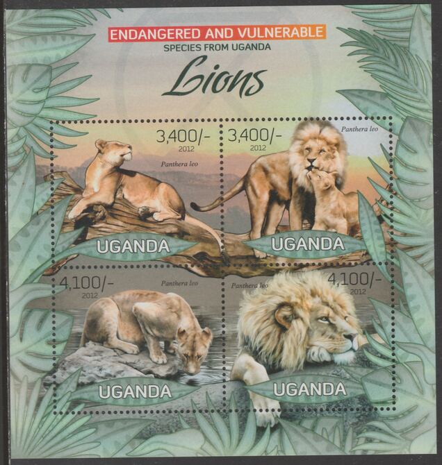 Uganda 2012 Endangered Species - Lions #1 perf sheetlet containing 4 values unmounted mint., stamps on , stamps on  stamps on , stamps on  stamps on  wwf , stamps on  stamps on cats, stamps on  stamps on lions