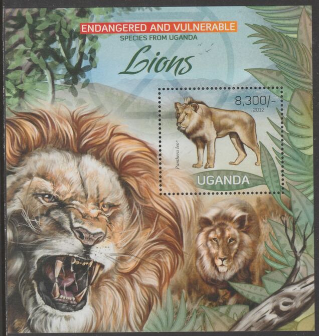 Uganda 2012 Endangered Species - Lions #1 perf souvenir sheet  containing 1 value unmounted mint., stamps on , stamps on  stamps on , stamps on  stamps on  wwf , stamps on  stamps on cats, stamps on  stamps on lions