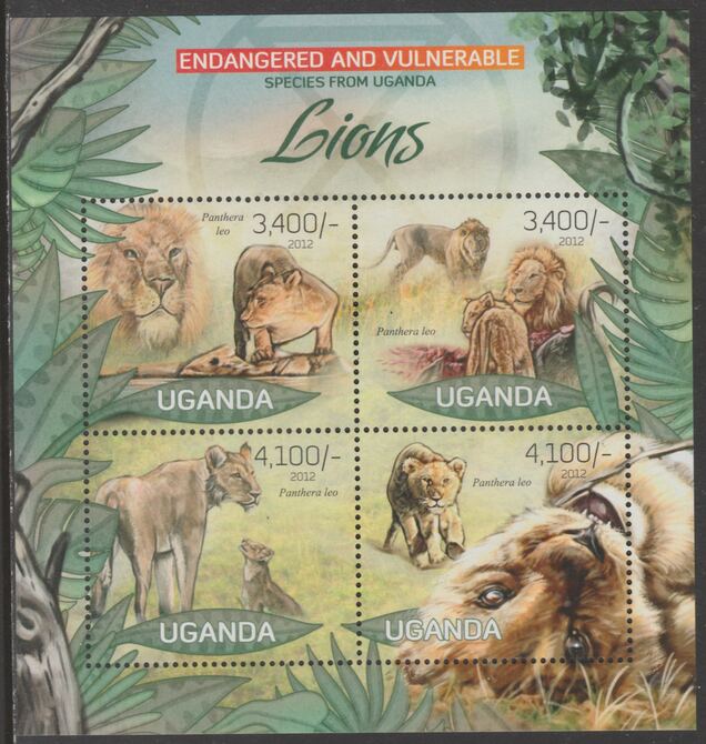 Uganda 2012 Endangered Species - Lions #2 perf sheetlet containing 4 values unmounted mint., stamps on , stamps on  wwf , stamps on cats, stamps on lions