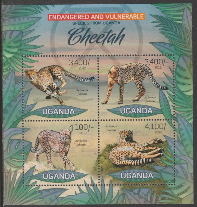 Uganda 2012 Endangered Species - Cheetah perf sheetlet containing 4 values unmounted mint., stamps on , stamps on  stamps on , stamps on  stamps on  wwf , stamps on  stamps on cats, stamps on  stamps on cheetah