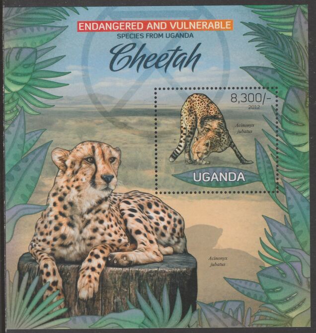 Uganda 2012 Endangered Species - Cheetah perf souvenir sheet  containing 1 value unmounted mint., stamps on , stamps on  stamps on , stamps on  stamps on  wwf , stamps on  stamps on cats, stamps on  stamps on cheetah