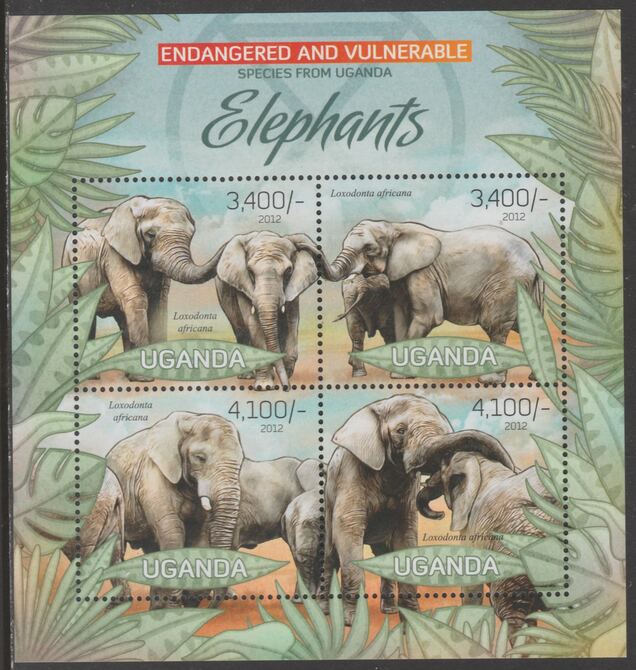 Uganda 2012 Endangered Species - Elephants #1 perf sheetlet containing 4 values unmounted mint., stamps on , stamps on  wwf , stamps on elephants