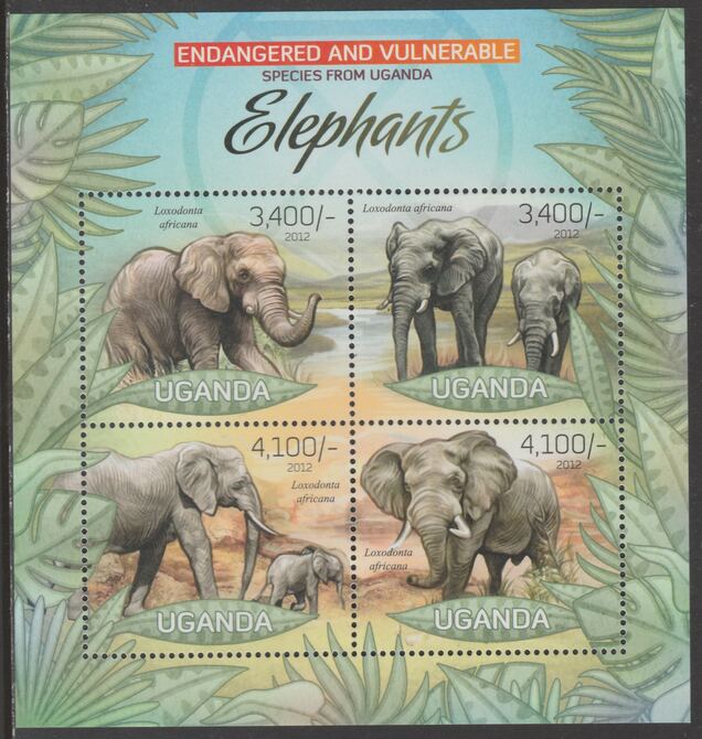 Uganda 2012 Endangered Species - Elephants #2 perf sheetlet containing 4 values unmounted mint., stamps on , stamps on  wwf , stamps on elephants