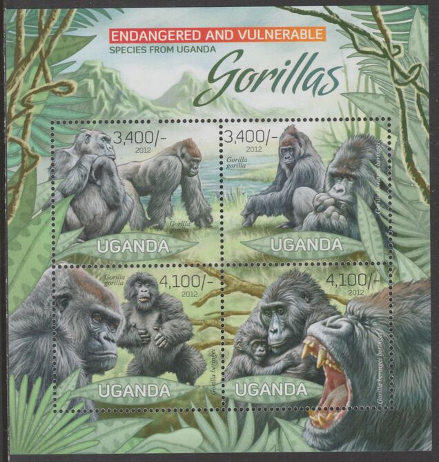 Uganda 2012 Endangered Species - Gorillas perf sheetlet containing 4 values unmounted mint., stamps on , stamps on  wwf , stamps on egorillas, stamps on primates