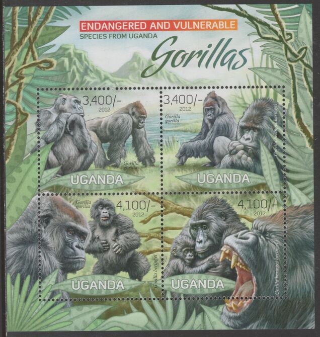 Uganda 2012 Endangered Species - Gorillas perf sheetlet containing 4 values unmounted mint., stamps on , stamps on  stamps on , stamps on  stamps on  wwf , stamps on  stamps on egorillas, stamps on  stamps on primates