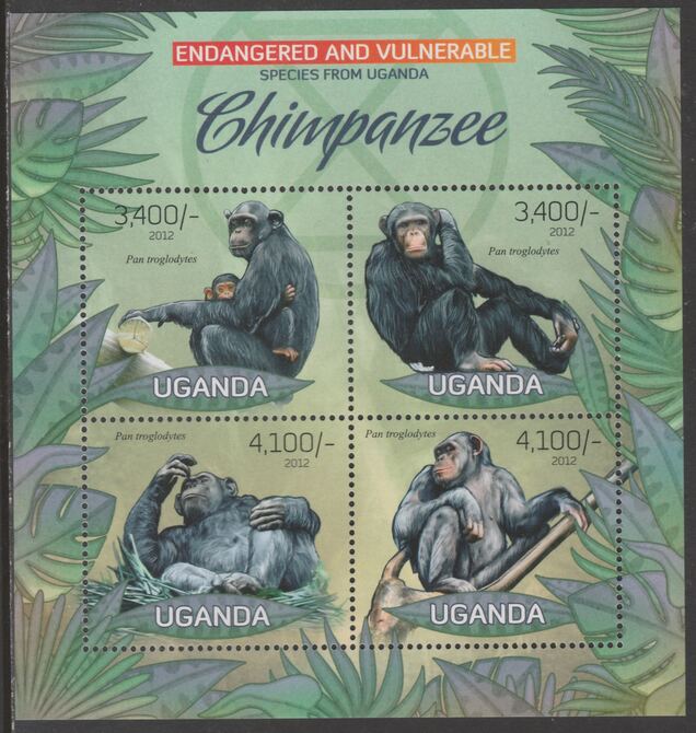 Uganda 2012 Endangered Species - Chimpanzee perf sheetlet containing 4 values unmounted mint., stamps on , stamps on  stamps on , stamps on  stamps on  wwf , stamps on  stamps on chimps, stamps on  stamps on chimpanzees, stamps on  stamps on primates