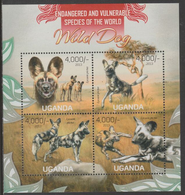 Uganda 2013 Endangered Species - Wild Dogs perf sheetlet containing 4 values unmounted mint., stamps on , stamps on  wwf , stamps on dogs
