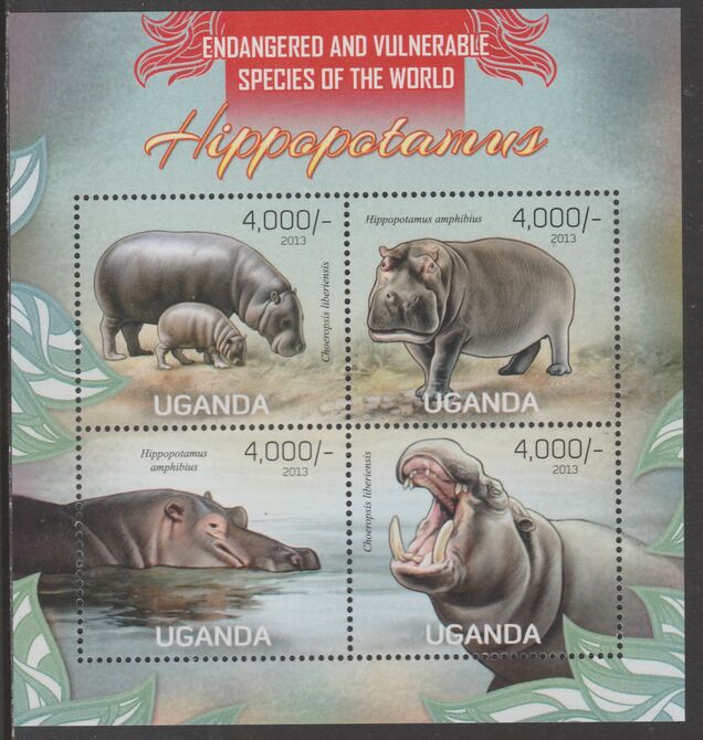 Uganda 2013 Endangered Species - Hippos perf sheetlet containing 4 values unmounted mint., stamps on , stamps on  stamps on , stamps on  stamps on  wwf , stamps on  stamps on hippos