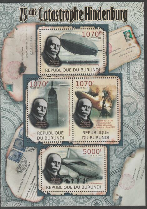 Burundi 2012 75th Anniversary of Hindenburg Disaster perf sheetlet containing 4 values unmounted mint., stamps on , stamps on  stamps on airships, stamps on  stamps on disasters, stamps on  stamps on hindenburg